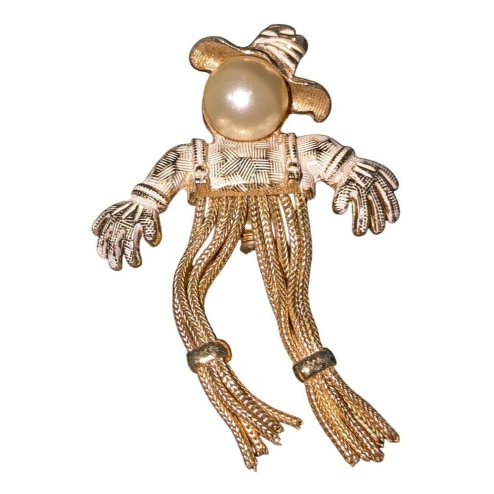 Vintage Scarecrow Brooch Fringe Legs Faux Pearl Head